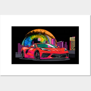 Red C8 Corvette Las Vegas Skyline Supercar Racecar Muscle Car Sportscar Las Vegas Sphere Corvette C8 Posters and Art